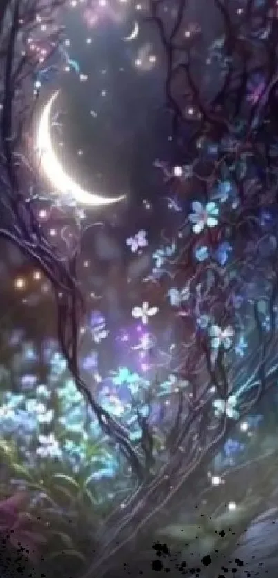 Mystical moonlit scene with glowing flowers and a serene nighttime setting.