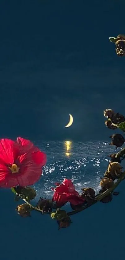 Mystical scene with crescent moon and red flowers over a serene sea.