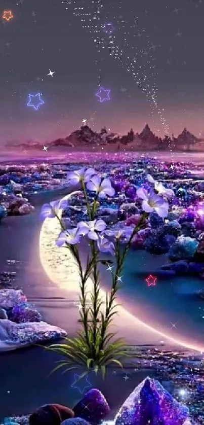 Mystical moonlit scene with flowers and vibrant gemstones.