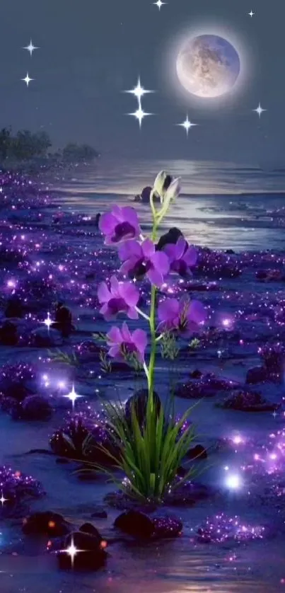 Mystical purple flower under a glowing full moon on a serene beach with magical lights.