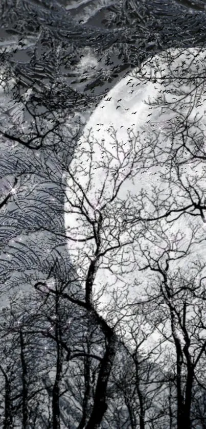 Mystical forest silhouette with moonlit sky.