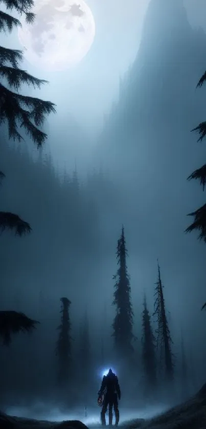 Eerie moonlit forest with mist and silhouettes creating a mystical night scene.