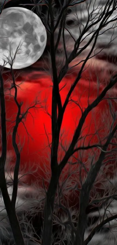 Mystical forest under moonlight with a vibrant red sky.