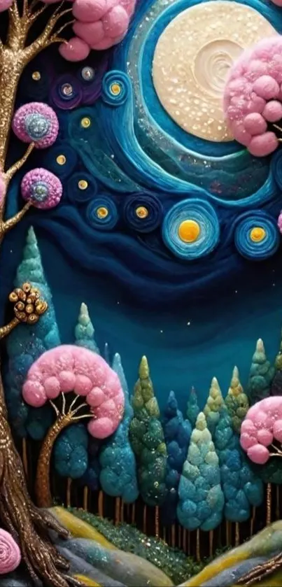 Mystical forest with moonlit sky and pink trees.