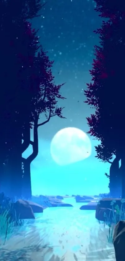 Moonlit forest path with a serene night sky and mystical atmosphere.