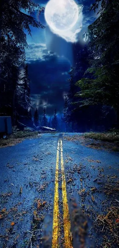 Moonlit forest road wallpaper under a mystical night sky.