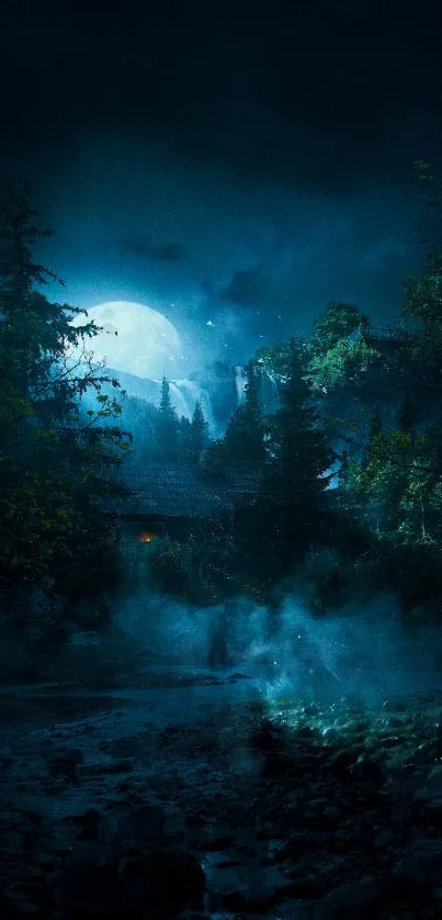 A mystical night scene with a forest under a full moon glow.