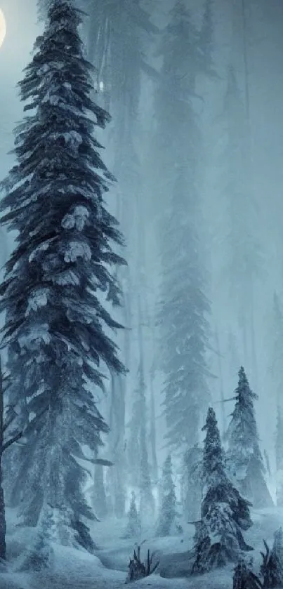 Mystical moonlit forest with snow-covered trees in cool blue hues.