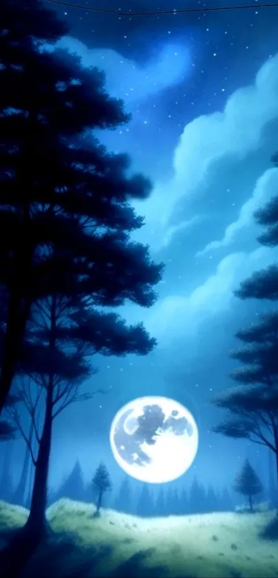 Mystical forest with moonlight and starry sky wallpaper.