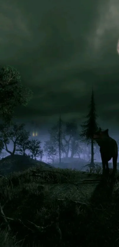 Wolf silhouette in a mystical moonlit forest with fog.