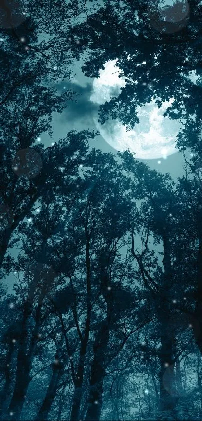 Mystical forest at night with a glowing moonlit sky.