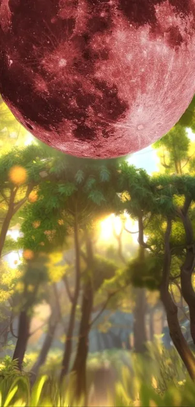 A vibrant moon hangs over a lush green forest in a tranquil wallpaper.