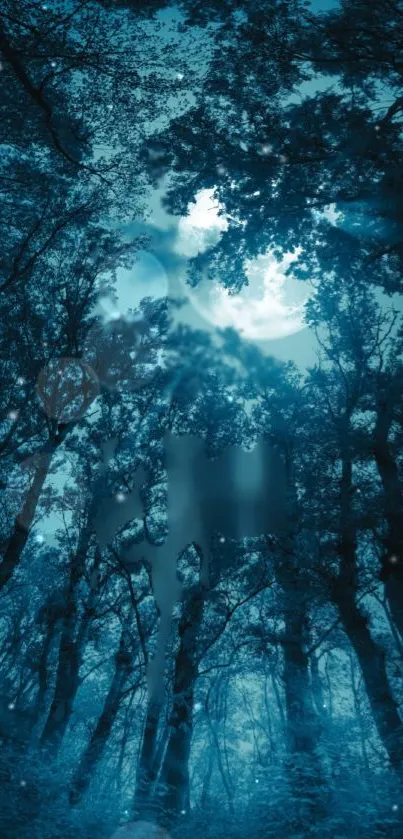 Enchanting forest under a glowing moonlit sky with trees silhouetted.