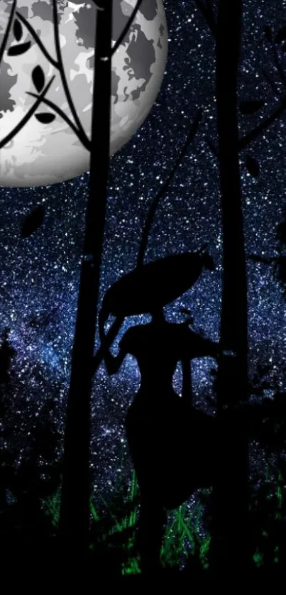 A silhouette in a moonlit forest with a starry sky.