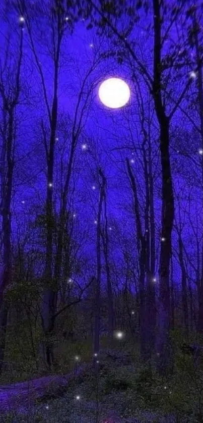 Moonlit forest with purple night sky and glowing stars.