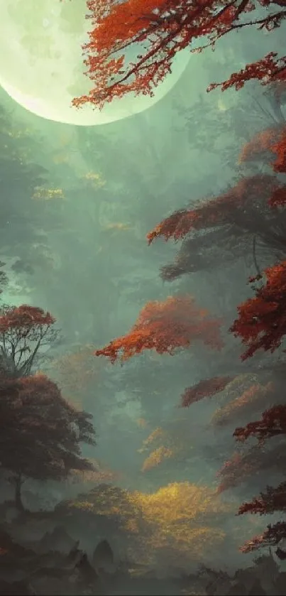 Mystical forest with moonlit sky and red foliage.