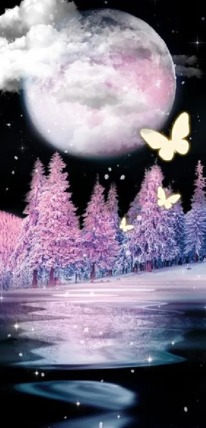 Dreamy moonlit forest with butterflies, purple hues.