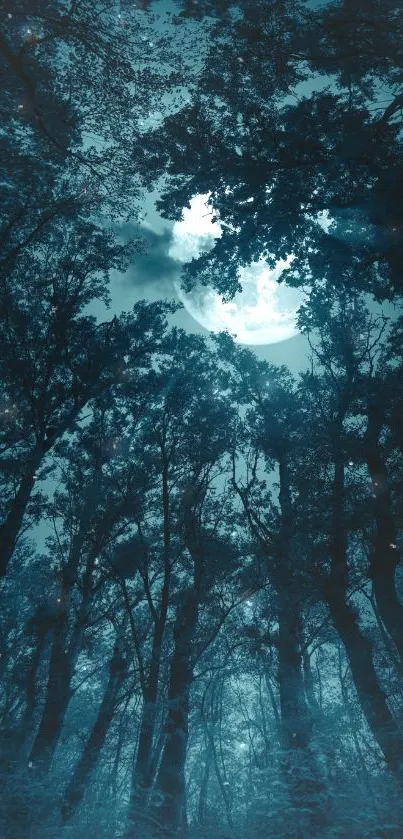 Moonlit forest with a glowing full moon casting shadows on trees.