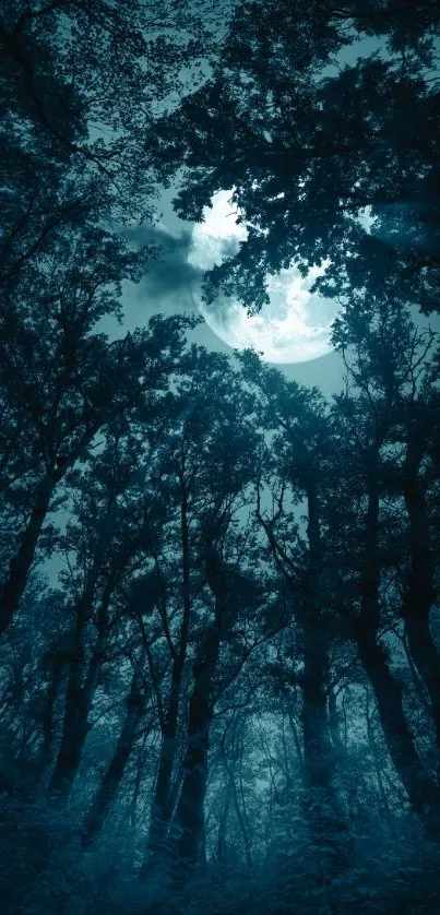 A moonlit forest with silhouetted trees and a glowing full moon.