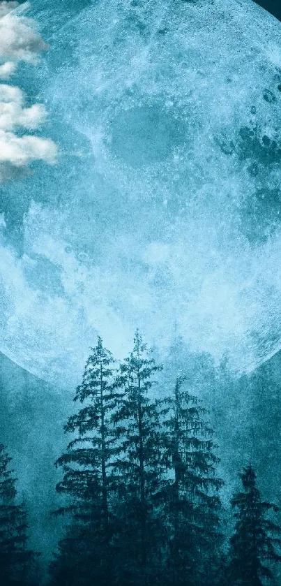 Mystical moonlit forest with a large glowing blue moon and tall trees.