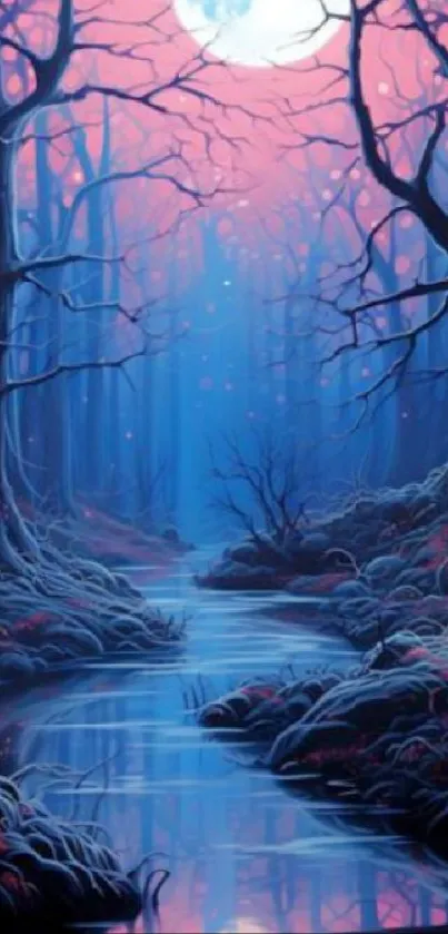 Mystical moonlit forest with glowing stream.