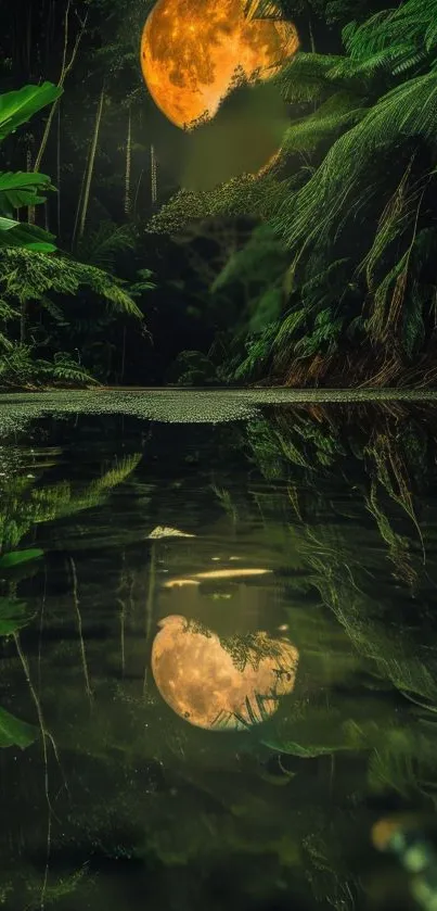 Mystical forest with moonlit reflection in water.