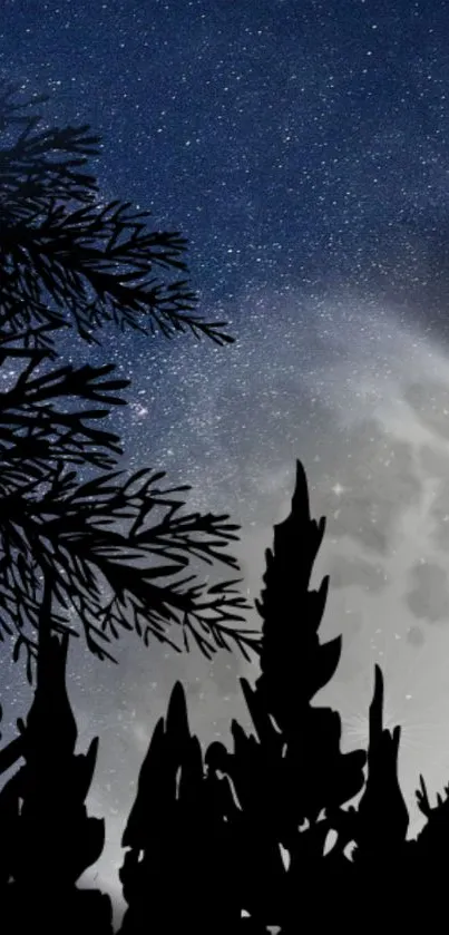 Silhouetted forest with moonlit sky and sparkling stars.