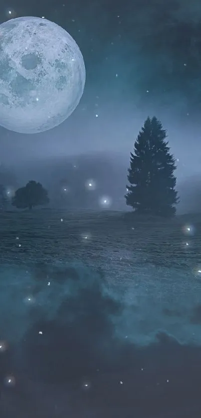 Mystical forest at night with a glowing full moon.