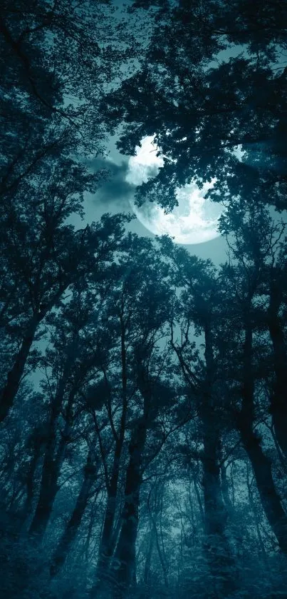 A mystical forest with silhouettes of trees under a full moon.