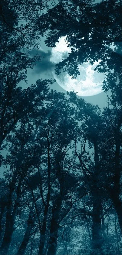 Teal-hued forest under full moon night wallpaper.