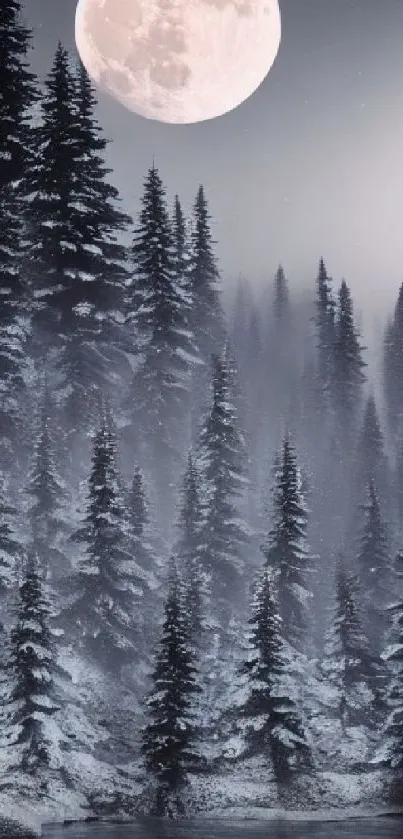 Snowy forest with full moon and misty atmosphere.
