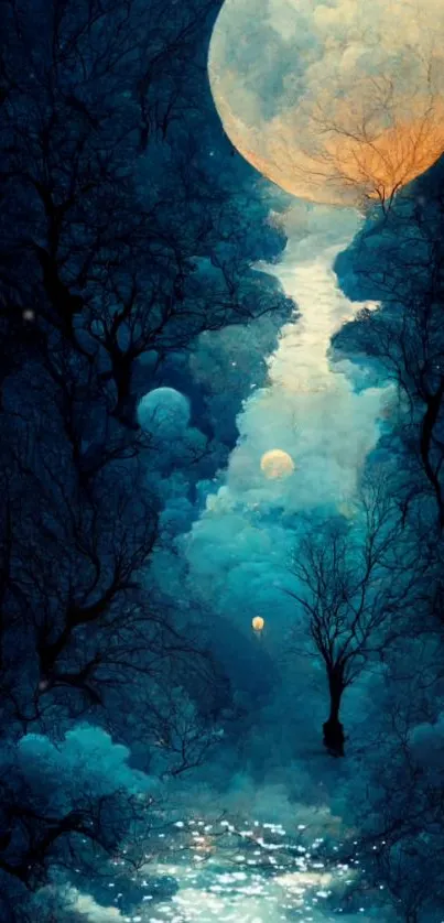 Mystical moonlit forest wallpaper with blue hues and glowing clouds.