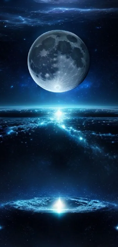 Mobile wallpaper of a moonlit galaxy scene with radiant stars.