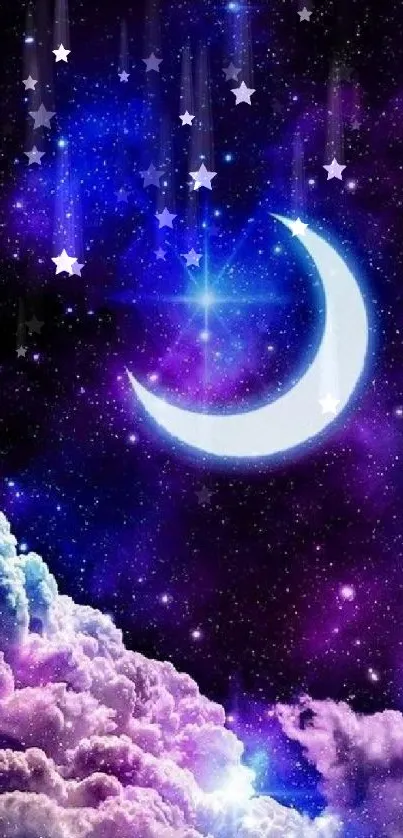 Crescent moon in a purple galaxy with stars and clouds.