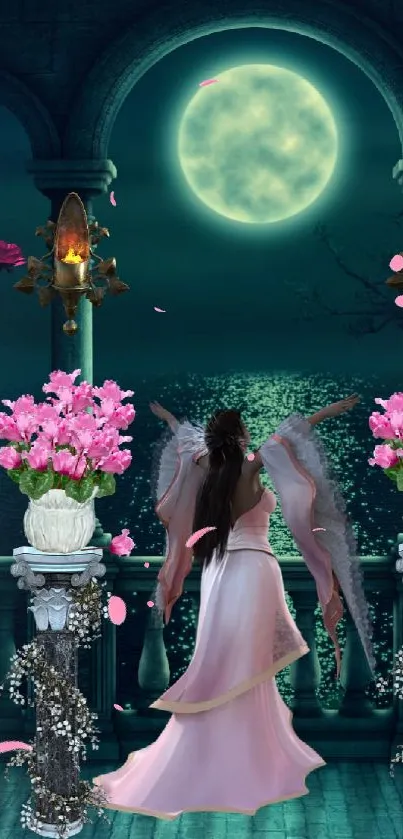 Angelic figure in moonlit garden with pink flowers under a glowing full moon.