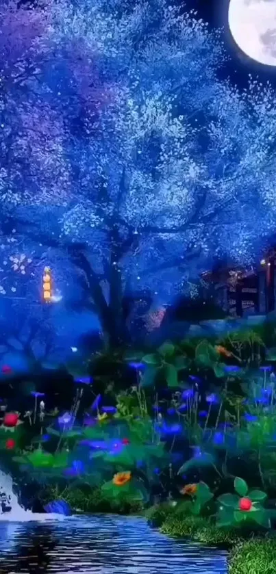 Enchanting moonlit garden under a tranquil night sky.