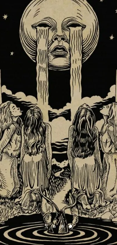 Mystical artwork with moon and women in tarot style.