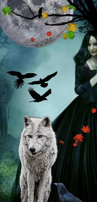 Gothic woman with wolf under moonlit sky, surrounded by crows and leaves.