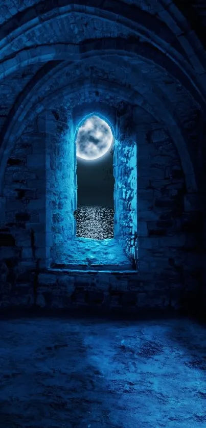 Gothic stone interior with moonlit archway and blue tones.