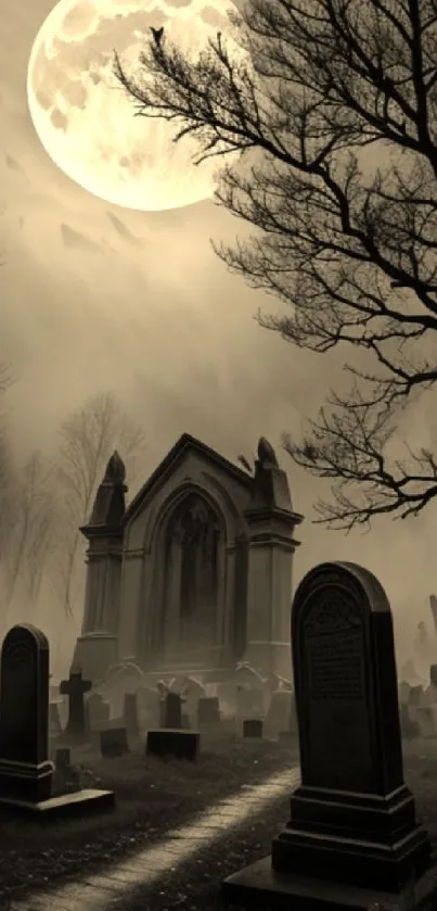 Moonlit graveyard scene with tombstones and bare trees.