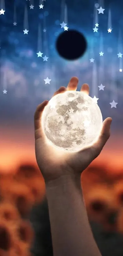 Hand holding a glowing moon with a starry night backdrop.