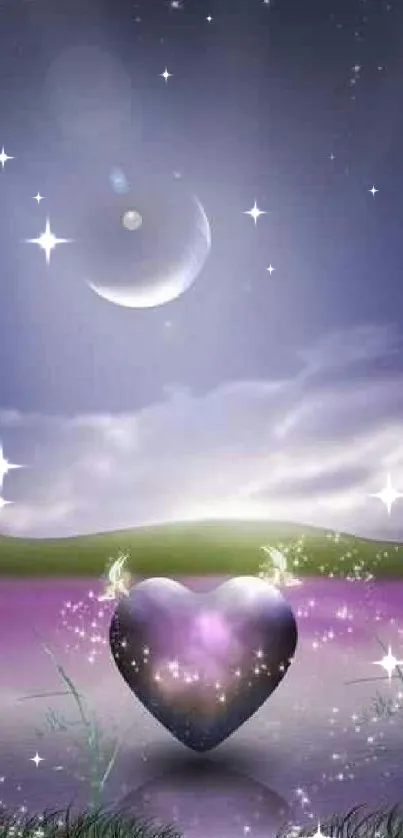 Mystical scene wallpaper with moon, lake, and glowing heart.