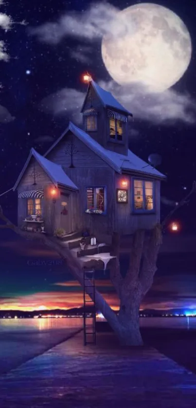 Mystical tree house under moonlit night sky.