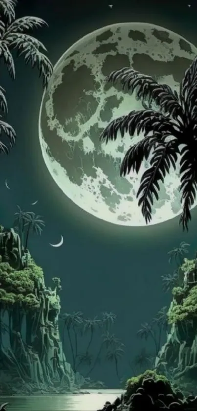 Moonlit jungle scene with palm trees and river.