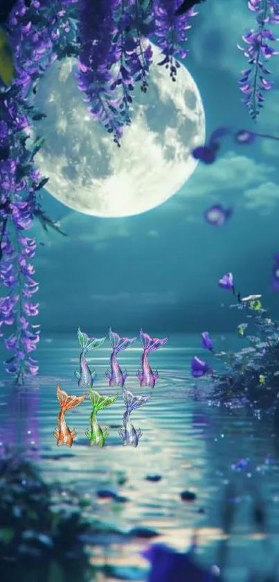 Mystical moonlit lake with colorful reflections and enchanting scenery.