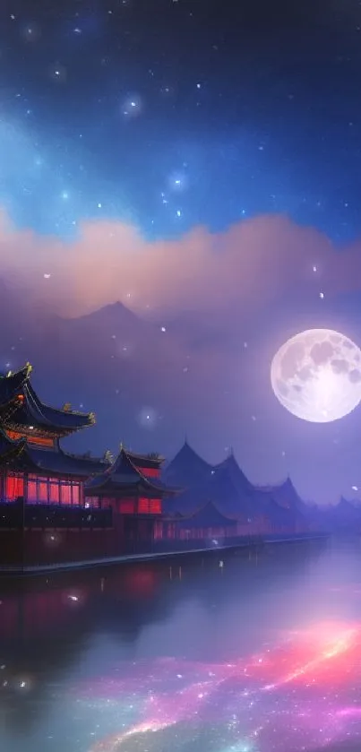 Mystical moonlit lake with Asian architecture under a starry sky.