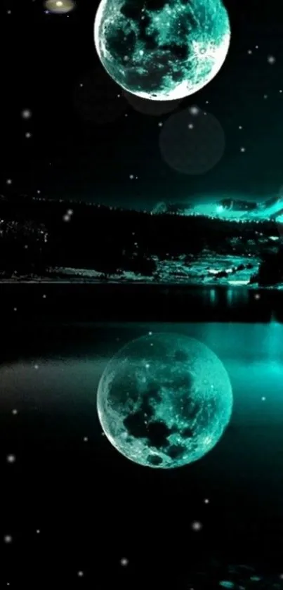 Mystical teal moonlit lake with serene reflection.