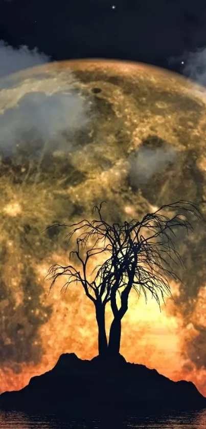 Silhouette of a tree on an island with a glowing moon background.