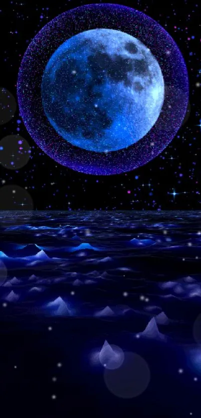 Mystical blue moon over dark, tranquil waters with starry night sky.