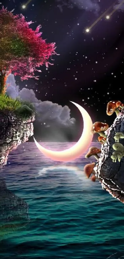 Magical night scene with crescent moon, colorful trees, and mystical sea.